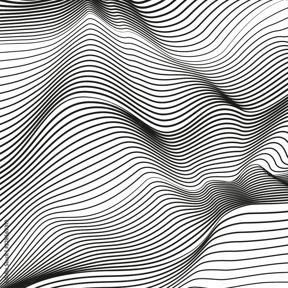 Abstract black and white deformed background. Modern conceptual illusion. Vector squiggle lines, optical effect. Scientific waving pattern. EPS10 illustration