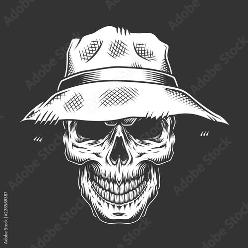 Monochrome skull wearing panama hat