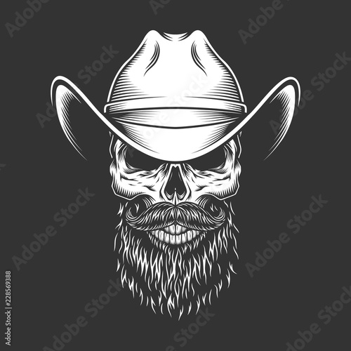 Monochrome skull in cowboy hat