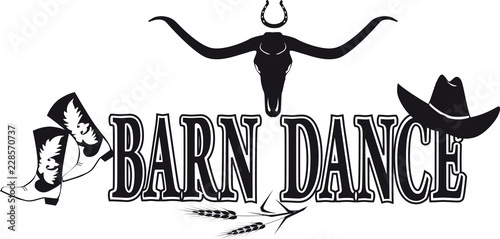 Barn dance black silhouette vector banner with cowboy boots and hat and buffalo scull, no white objects, EPS 8