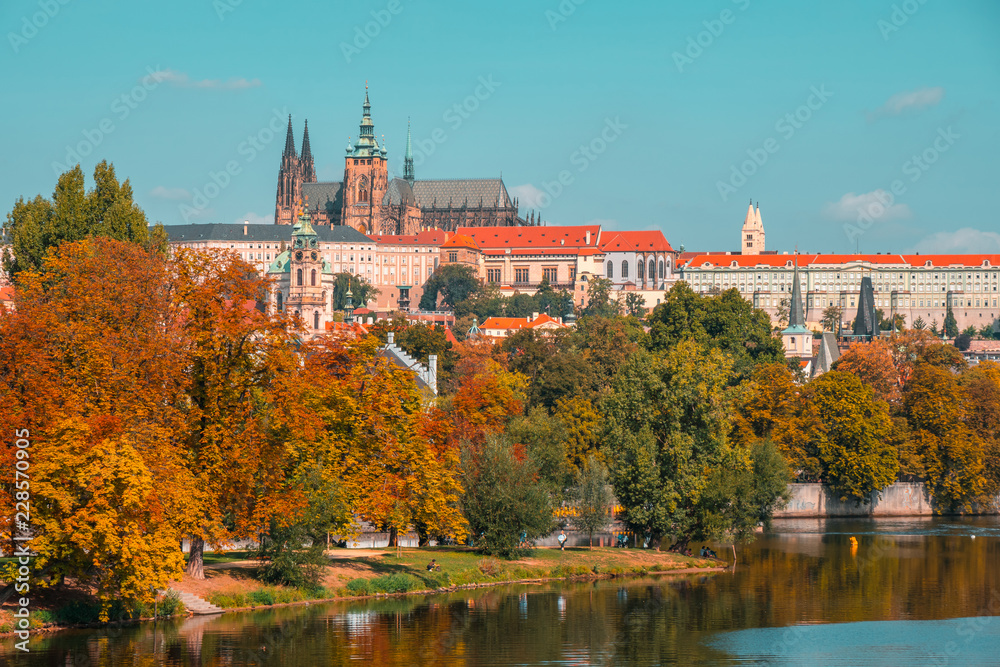 View of the Prague Castle and St. Vitus Cathedral from the Vltava River,Prague, Czech Republic