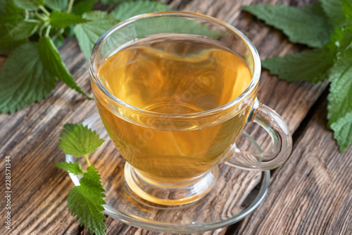 A cup of nettle tea with fresh stinging nettles