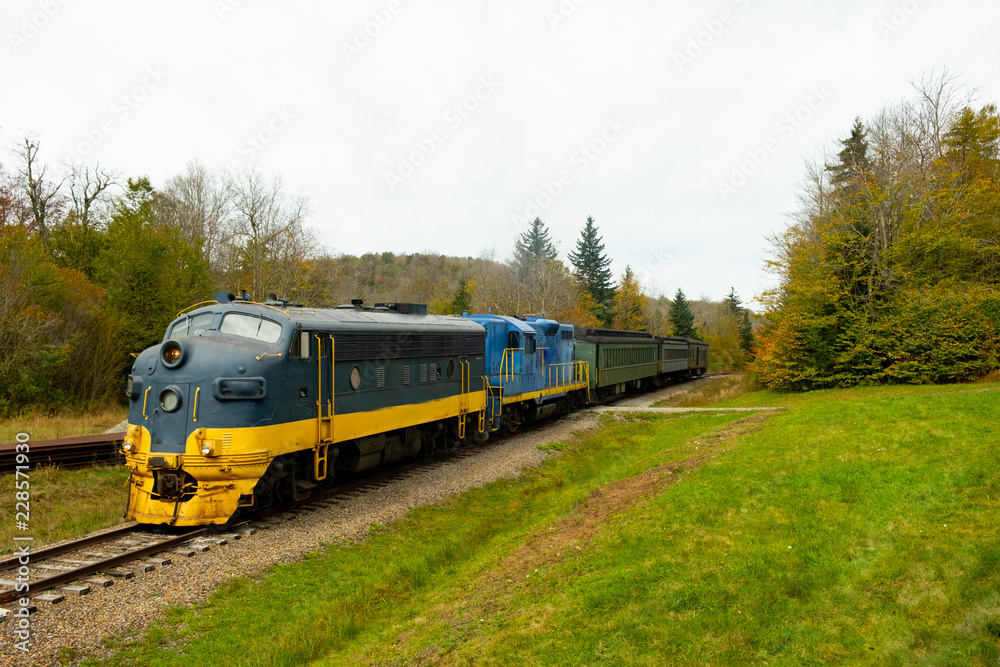Diesel locomotive pulling cars along the tracks on a hilltop Diesel locomotive pulling cars along the tracks on a hilltop