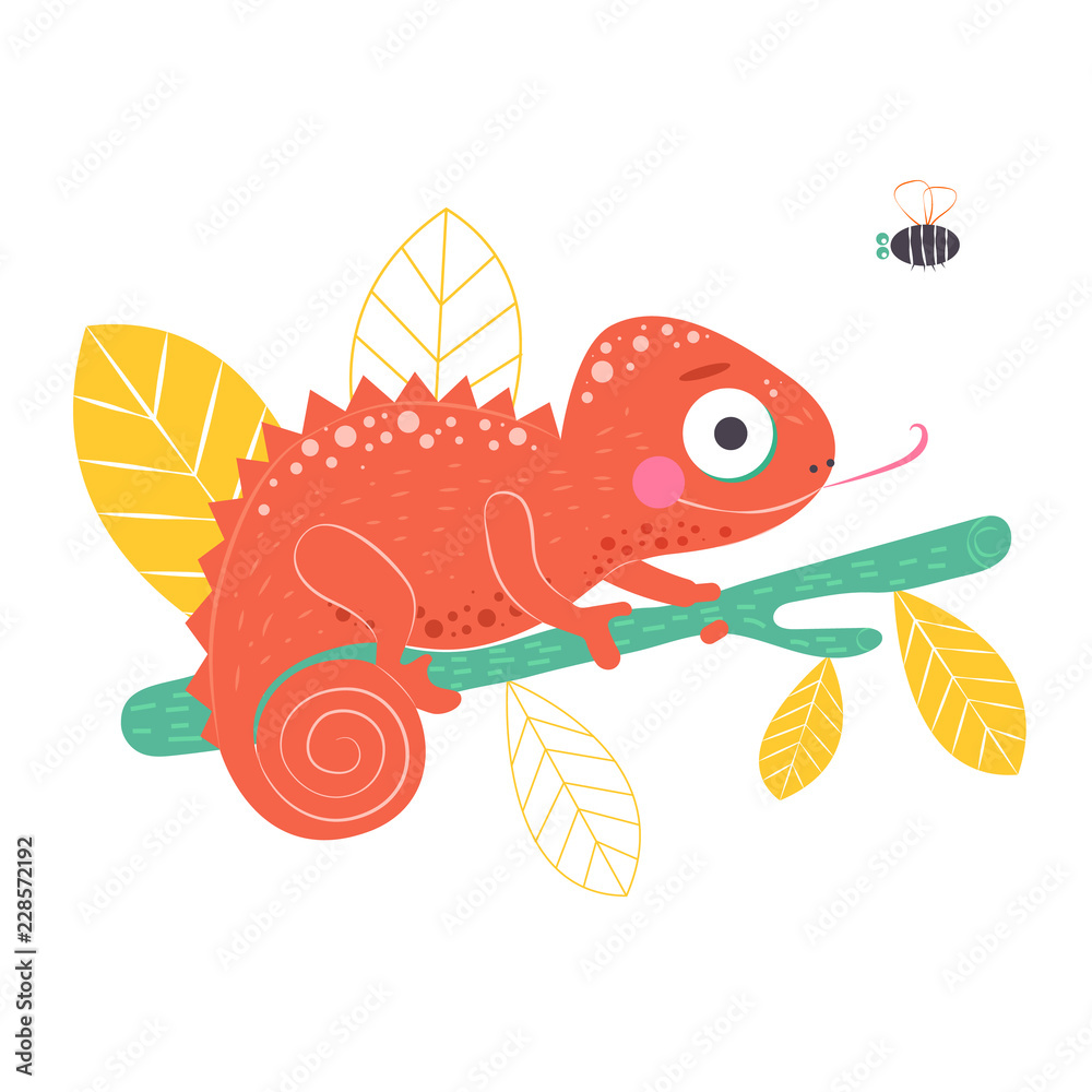 Cute orange chameleon sitting on the green branch with light yellow leaves on background, vector illustration. Art poster for nursery or kids room poster Cute orange chameleon sitting on the green branch with light yellow leaves on background, vector illustration. Art poster for nursery or kids room poster