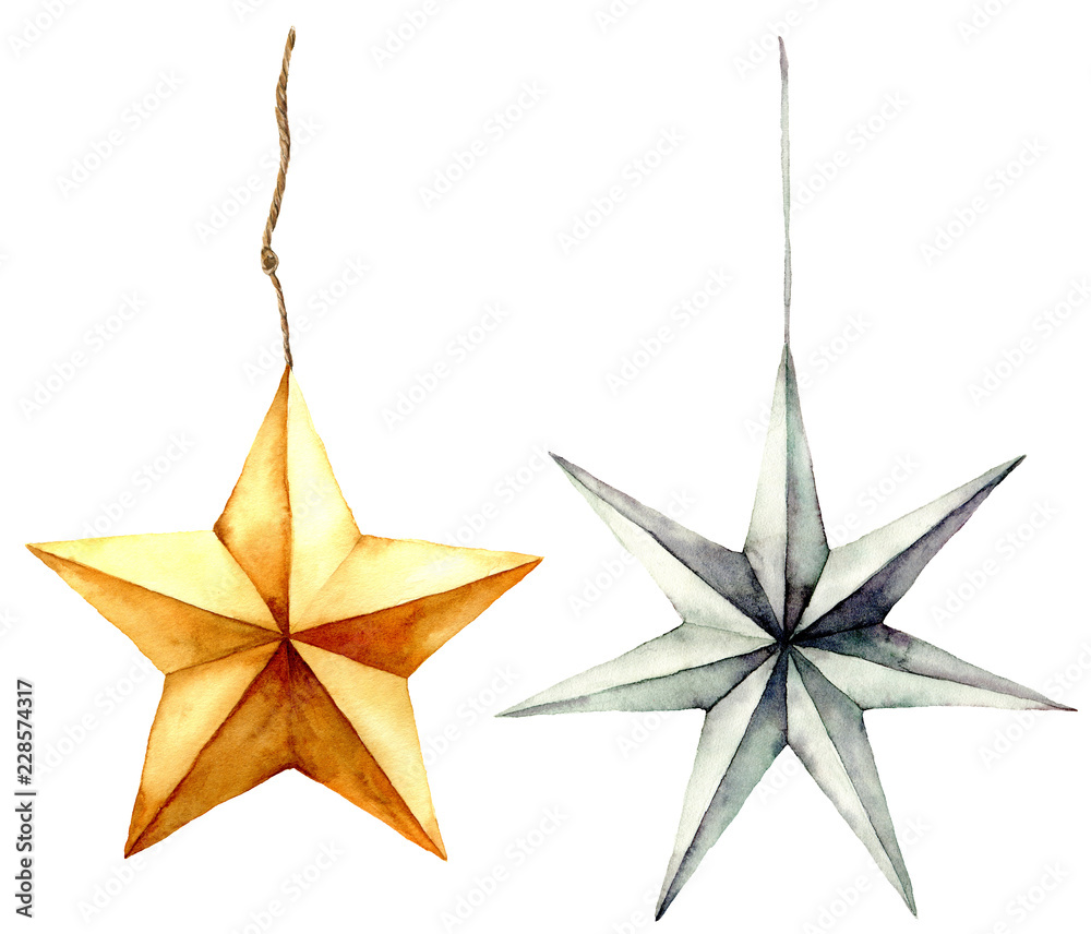Watercolor stars decoration. Hand painted gold and silver stars isolated on white background. Christmas toys. Holiday modern decor illustration. - obrazy, fototapety, plakaty 