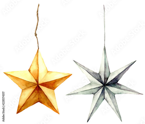 Watercolor stars decoration. Hand painted gold and silver stars isolated on white background. Christmas toys. Holiday modern decor illustration.