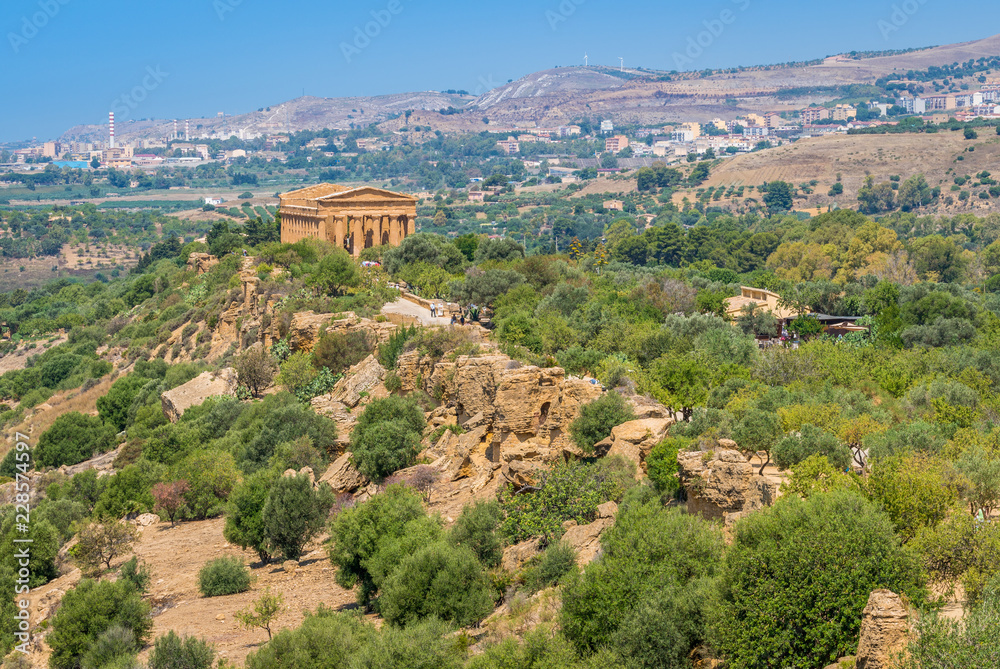 Panoramic view with the Temple of Concordia, in the Valley of the Temples. Agrigento, Sicily, southern Italy.