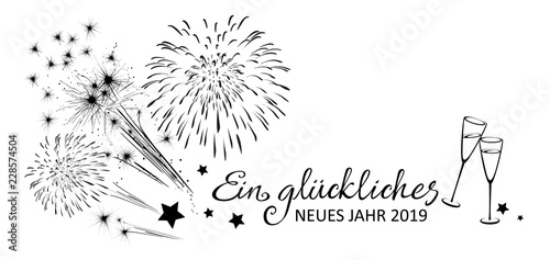 Neujahr Grußkarte mit Feuerwerk und Sekt - Ein glückliches neues Jahr 2019
