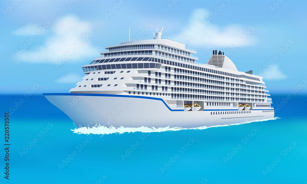 Obraz premium Great cruise liner, ocean, blue sky in flat style. Cruise, family vacation holiday summer luxury. Vector illustration.