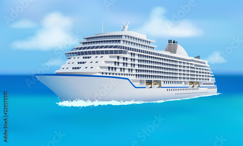 Great cruise liner  ocean  blue sky in flat style. Cruise  family vacation holiday summer luxury. Vector illustration.