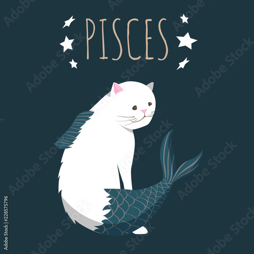 Zodiac sign pisces; cat cartoon character stylized as zodiac pisces; vector illustration EPS10