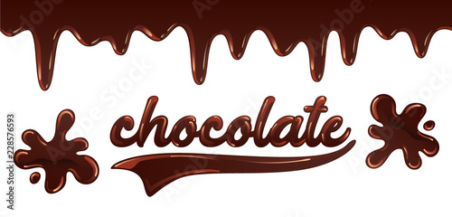 Inscription chocolate written with melted liquid chocolate on white background, chocolate splashes, vector illustration in flat style
