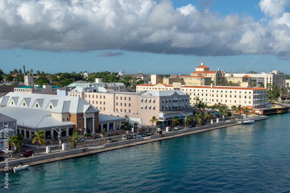High angle view of the city of Nassau, Bahamas and the docking port