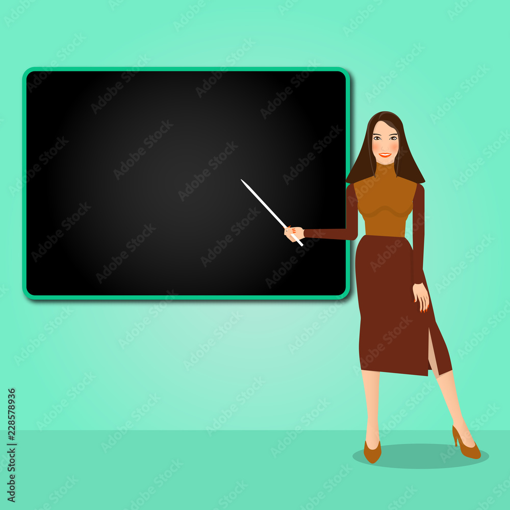 school or university teacher is pointing on black board standing in a class room, business woman is making presentation school or university teacher is pointing on black board standing in a class room, business woman is making presentation