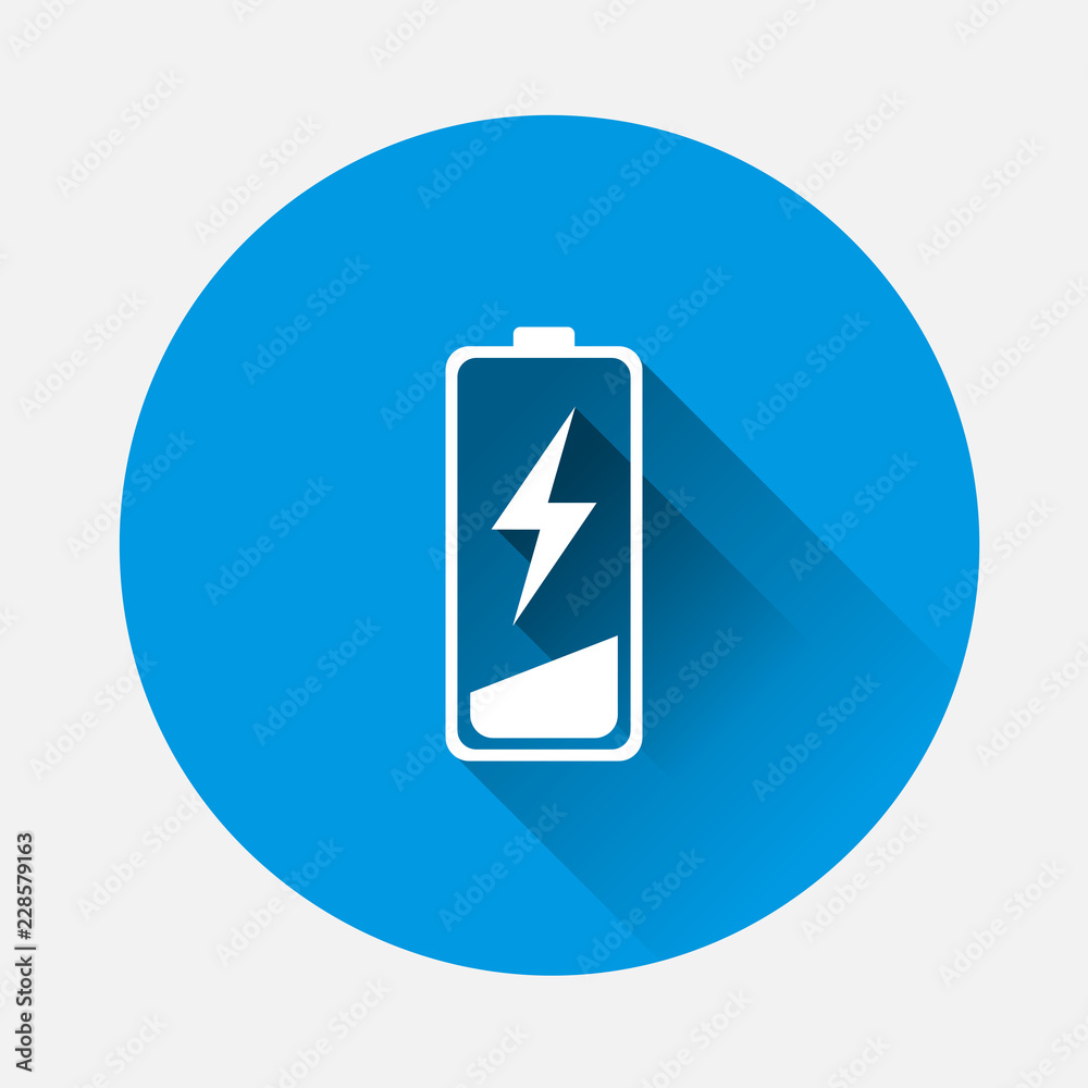 Vector Out of battery charge icon on blue background. Flat image Low battery with long shadow. Layers grouped for easy editing illustration. For your design. Vector Out of battery charge icon on blue background. Flat image Low battery with long shadow. Layers grouped for easy editing illustration. For your design.