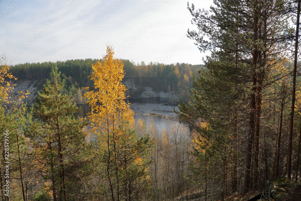 Picturesque autumn forest and pond of the Karelian village Girvas, Russia
