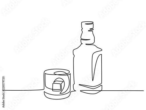 Continuous one line drawing. Bottle and glass of whiskey with ice. Vector illustration