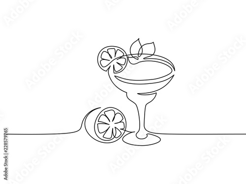 Continuous one line drawing. Cocktail margarita with lime and mint leaf. Vector illustration