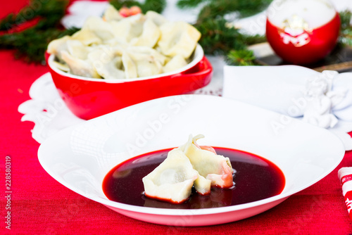 red borscht with dumplings photo