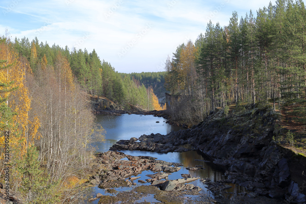 Picturesque autumn forest and pond of the Karelian village Girvas, Russia
Picturesque autumn forest and pond of the Karelian village Girvas, Russia