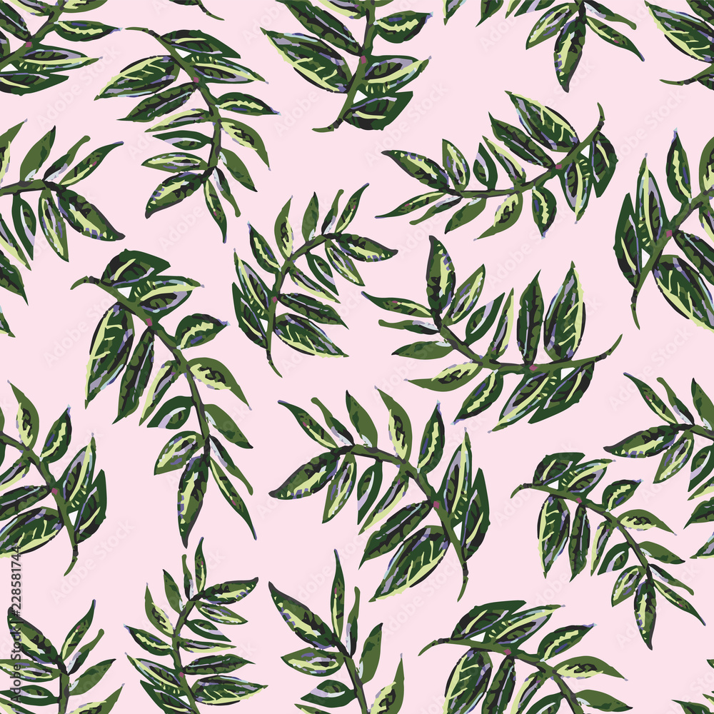 Seamless vector pattern of tropical green branches with leaves on a sophisticated pink background. Gives a Miami or Havana vibe. Great for textiles, stationery, home decor, journal covers & wallpaper. Seamless vector pattern of tropical green branches with leaves on a sophisticated pink background. Gives a Miami or Havana vibe. Great for textiles, stationery, home decor, journal covers & wallpaper.