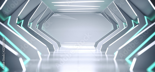 Fototapeta Naklejka Na Ścianę i Meble -  Bright Modern Futuristic Alien Reflective Concrete Corridor Tunnel Empty Room With White And Blue Neon Glowing Lights Hexagon Floor Background 3D Rendering