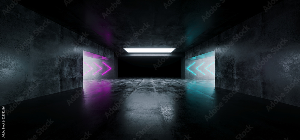Modern Futuristic Sci Fi Empty Grunge Concrete Reflective Garage Tunnel Underground Room With Arrow Shaped Neon Purple And Blue Lights 3D Rendering