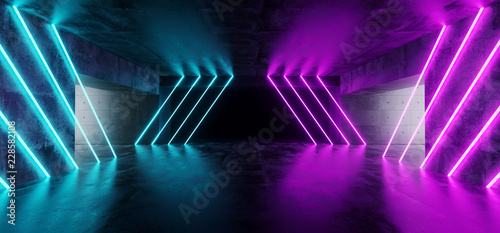 Modern Futuristic Underground Reflective Concrete Garage Empty Room With Purple And Blue Neon Glowing Lights Background 3D Rendering