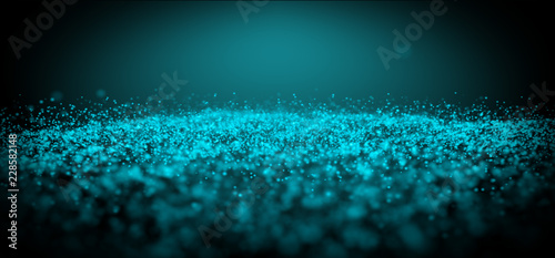 Glowing Sparkling Blue Tiny Particles Glitter Cloud On Dark Empty Background For Text With Shallow Dof Focus 3D Rendering