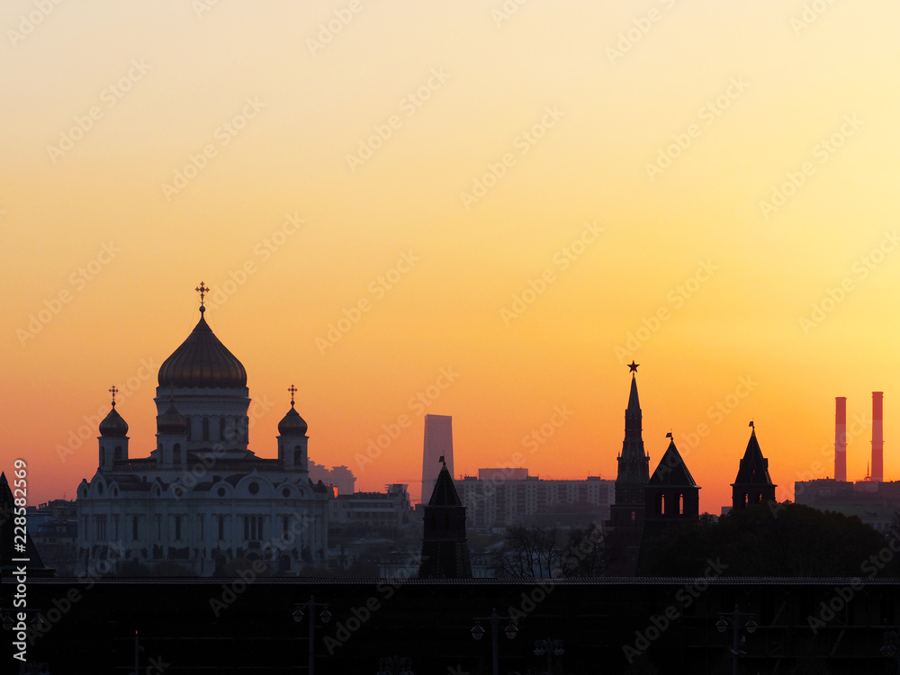 Capital of Russia, Moscow. Autumn sunset, Kremlin, Cathedral of Christ the Savior. City skyline
