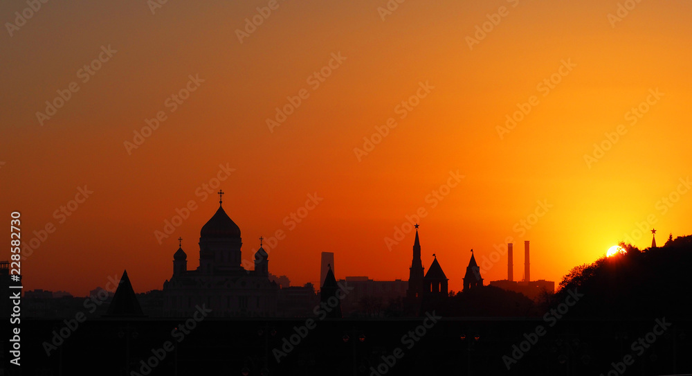 Panoramic autumn sunset over the Kremlin, capital of Russia. Moscow, Cathedral of Christ the Savior. City skyline, panorama