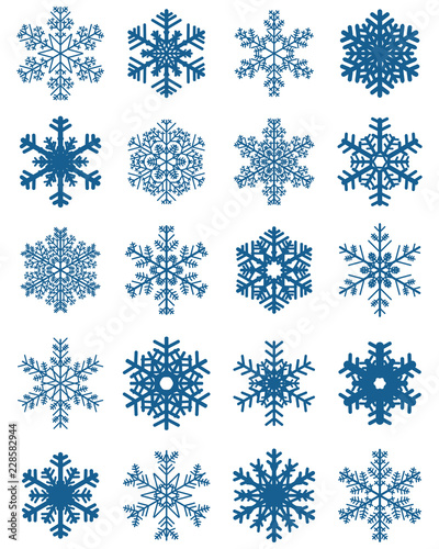 Set of different blue  snowflakes on a white background
