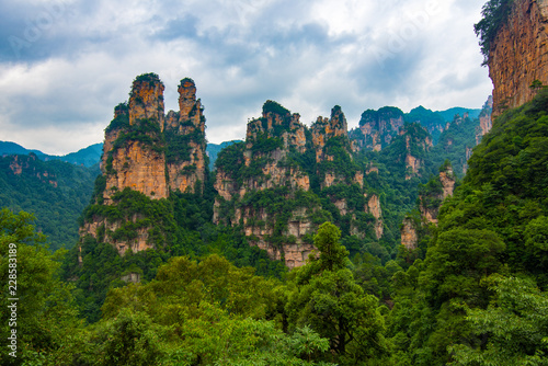 Sandstone mountains viewed from the trail from the 10 Mile Natural Gallery to Tianzi Mountain. Wulingyuan Scenic Area  Zhangjiajie  Hunan  China.