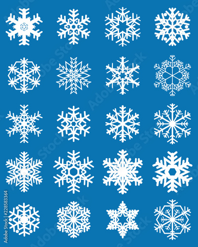 Set of different white snowflakes on a blue background