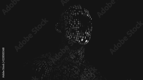 Abstract background with animation human head with surface from flickering binary digits of code. Animation of seamless loop. 
