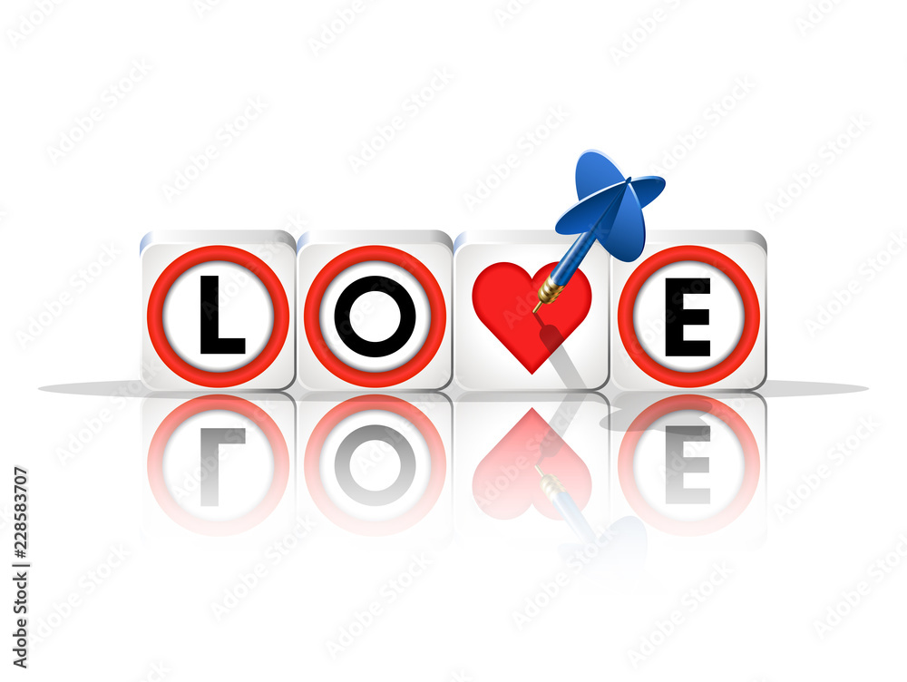 Realistic Love sign with heart and dart arrow over white background. Good for Valentine's day greeting card. Vector illustration. 
