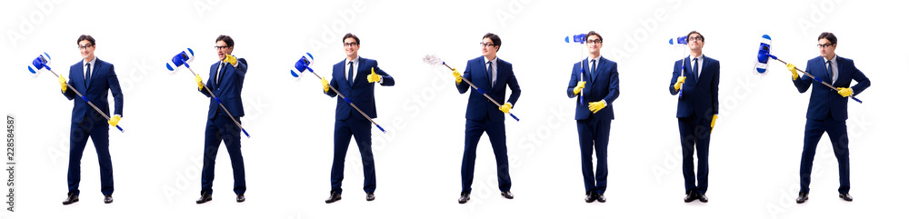 Young handsome businessman with mop isolated on white Young handsome businessman with mop isolated on white