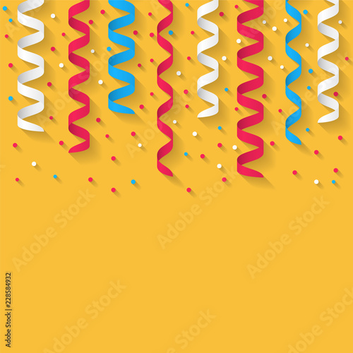 Colorful streamers and confetti with long shadow, background. De