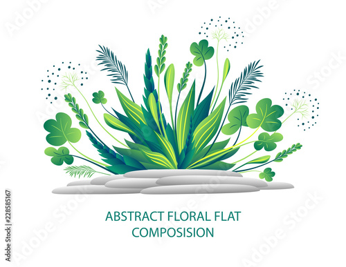Abstract floral flat composition with plant and stones in green white or  ikebana  for greeting  card or for wallpaper or for banner  flyer book covers or website on ecological  or botanic themes