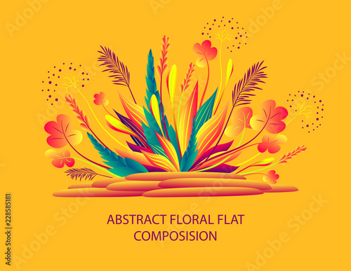 Abstract floral flat composition with plants and  stones in autumn colors or  ikebana  for greeting  card or for wallpaper or for banner  flyer book covers or website 