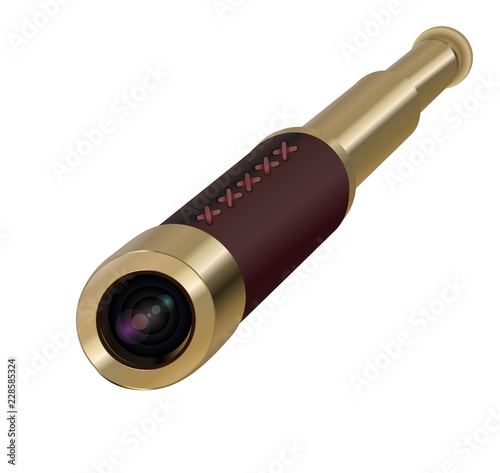 Brass Hand Held Telescope, Pirate Spyglass. 3D realistic isolated on white background