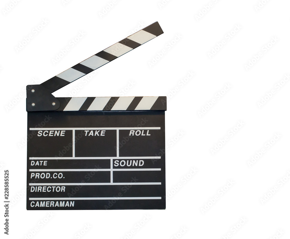 Movie clapper isolated on white background. Shown slate board. use the colors white and black.Realistic movie clapperboard. Clapper board isolated on white with clipping path included