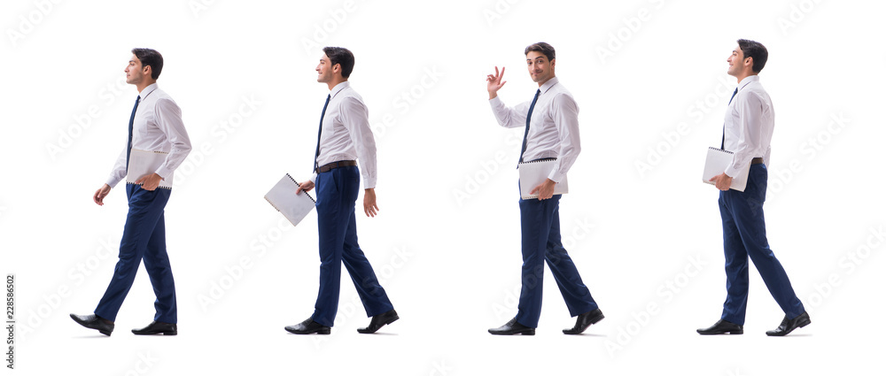 Fototapeta premium Businessman walking standing side view isolated on white backgro