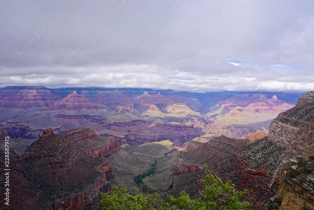 Grand Canyon National Park, Arizona, USA: View of the Grand Canyon from the Rim Trail on the South Rim. Low clouds create muted colors and contrasting light and shadows.