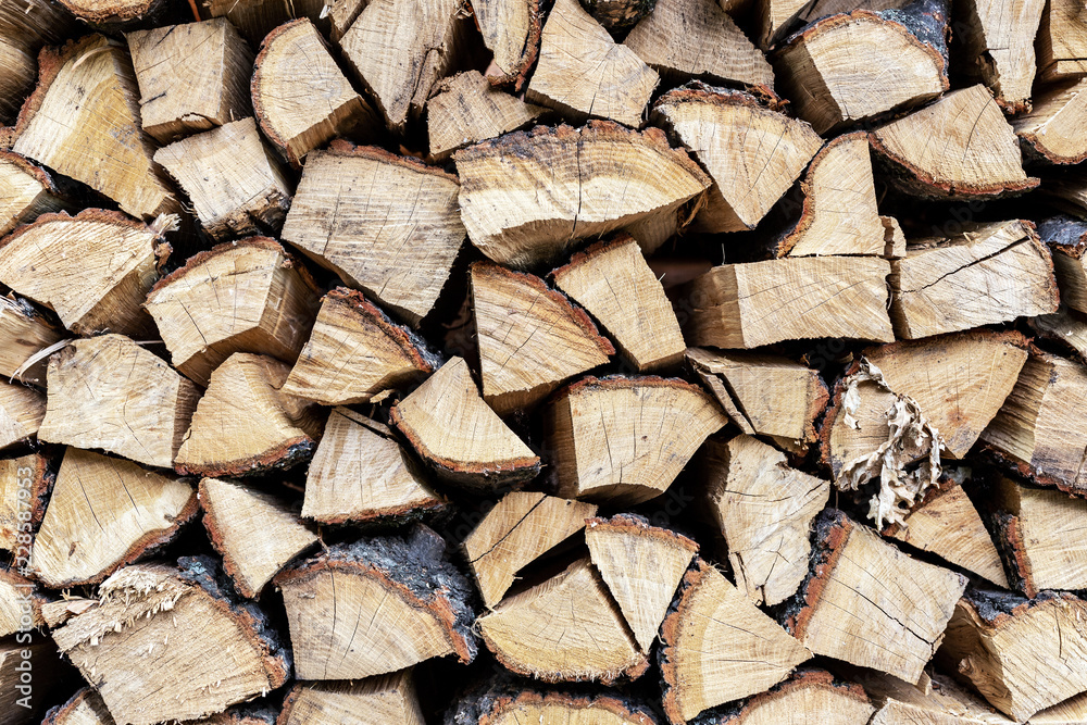Fototapeta premium Firewood stack wall. Stack of wood prepared for winter and cold weather. Dry chopped oak wood. Wooden background texture