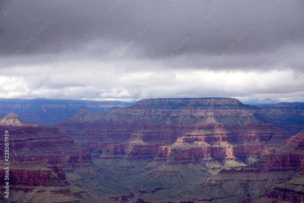 Grand Canyon National Park, Arizona, USA: View of the Grand Canyon from the Rim Trail on the South Rim. Low clouds create muted colors and contrasting light and shadows.