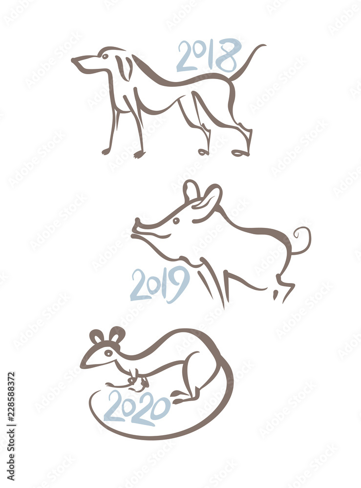 Dog 2018. Pig 2019. Rat 2020. Symbols of the years on the Chinese calendar. Vector template handwritten figures. 