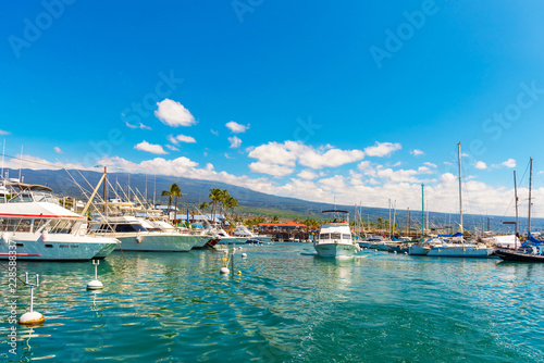 HAWAII, USA - FEBRUARY 18, 2018: View of yachts in the city port. Copy space for text.