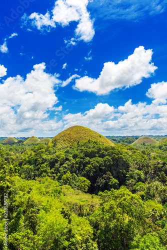 View of the Chocolate hills on sunny day on Bohol island, Philippines. Vertical.