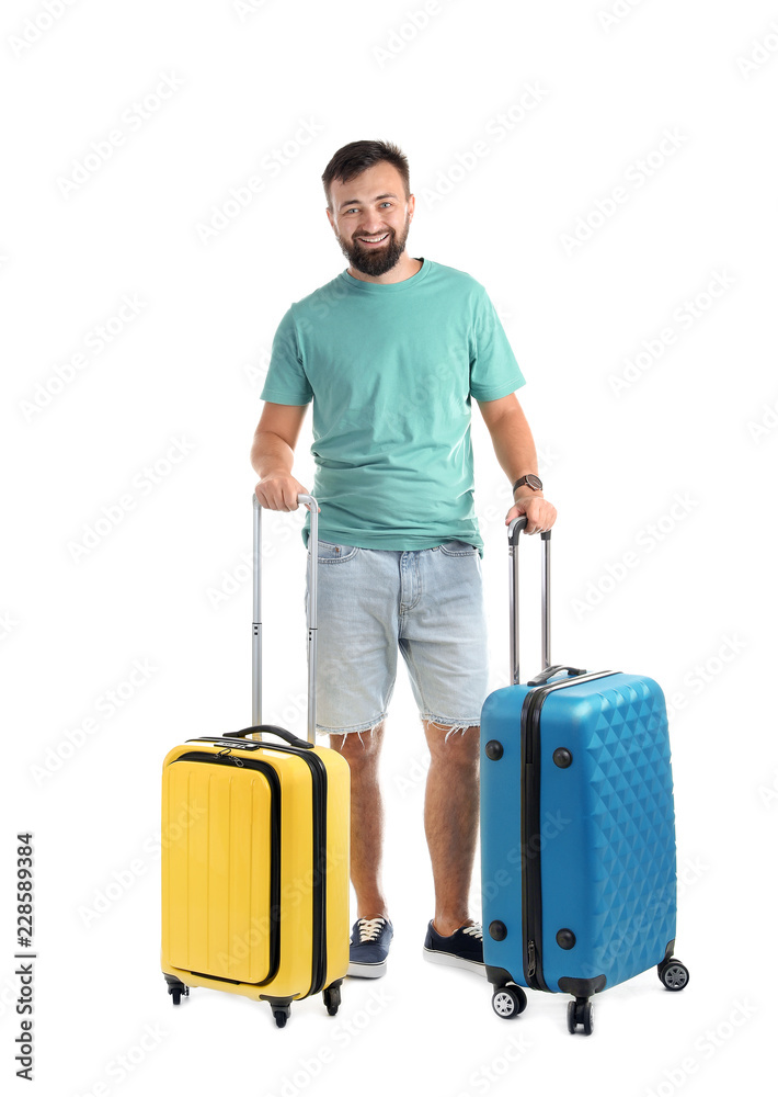 Man with suitcases on white background. Vacation travel Man with suitcases on white background. Vacation travel